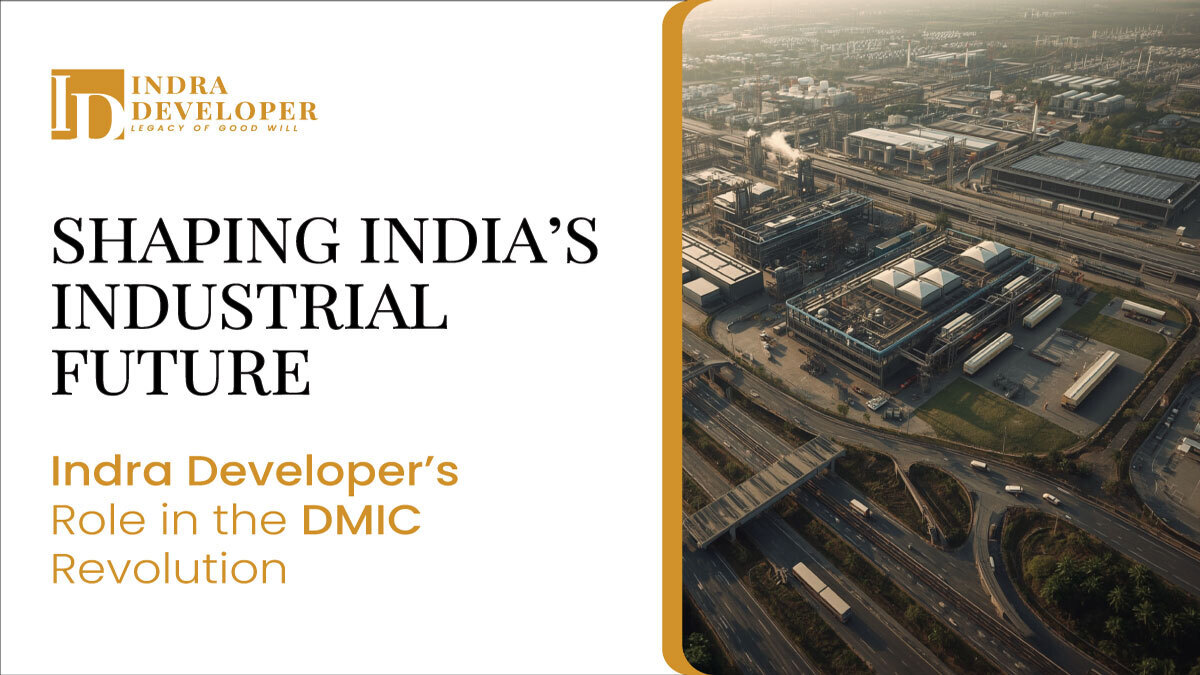 Aerial view of industrial infrastructure with highways and factories, showcasing Indra Developer’s role in India’s DMIC revolution.