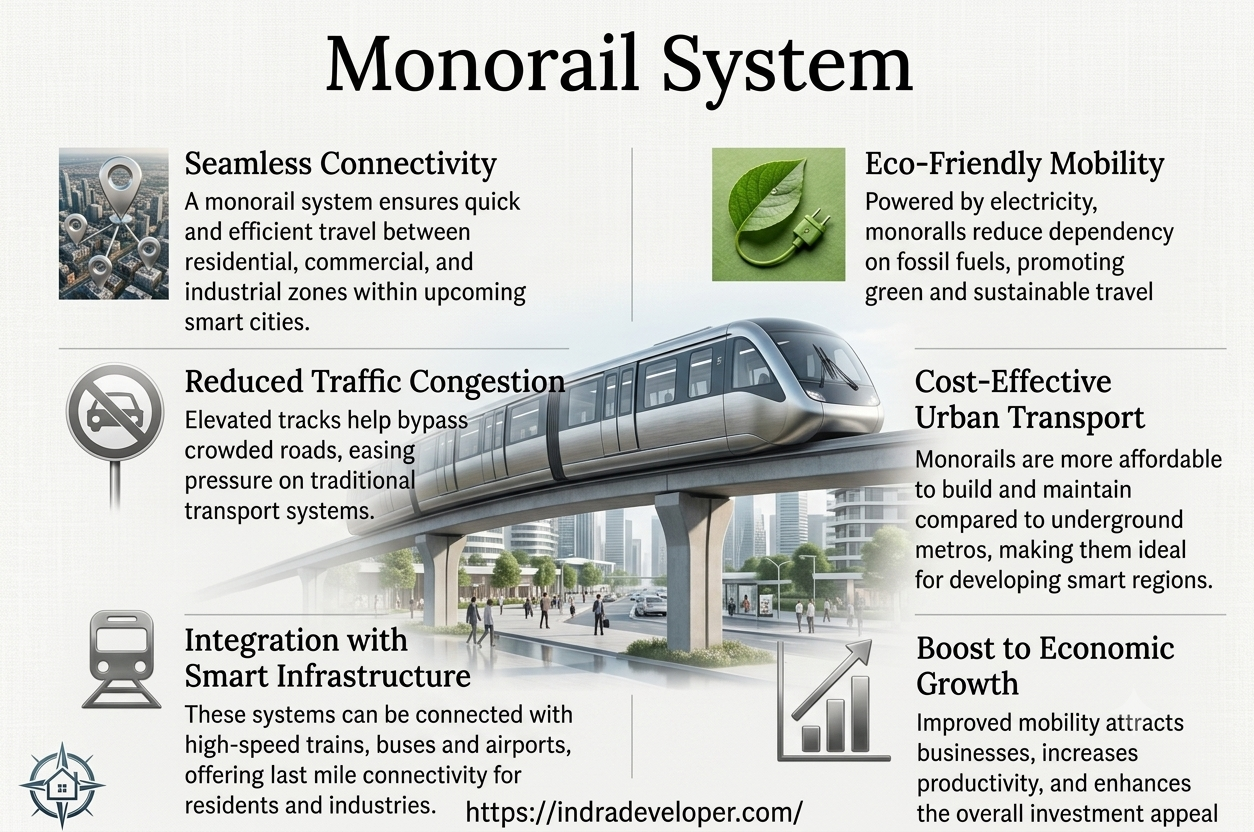 Infographic showing six benefits of a monorail system for smart city urban transport: connectivity, eco-friendly mobility, congestion reduction, cost-effectiveness, smart integration, and economic growth